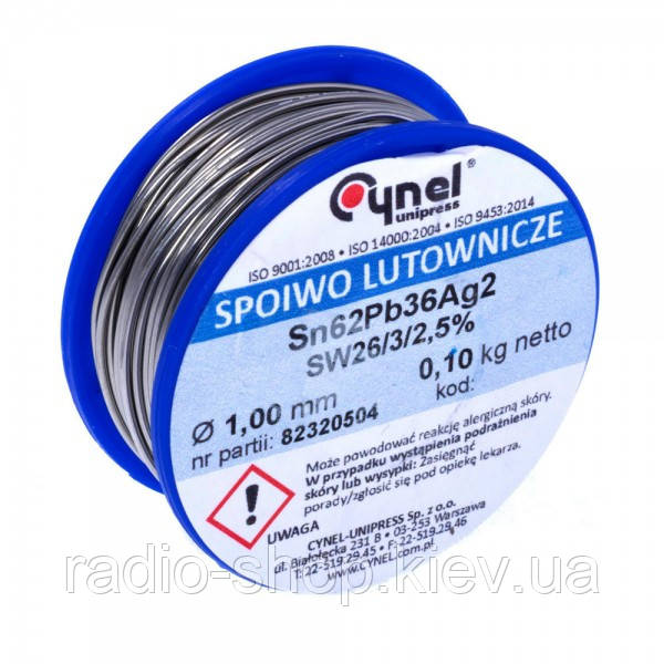Дротяний припій, 1 mm, 100 g, з додаванням срібла, олив'яний, CYNEL Sn62Pb36Ag2-SW26/3/2.5% Ø1.0, 100g, фото 1