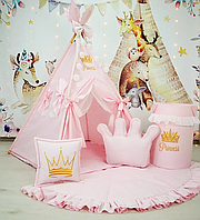 Рожевий Вігвам для дівчинки "Принцеса" на тонкому матраці з напівкруглим килимком та кошиком для іграшок