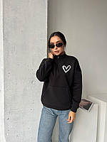 Женская теплая кофта с сердцем воротник на молнии (черный, вишневый, электрик, бутылка) размер: 42-46, 48-52