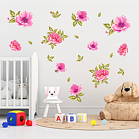 Виниловая интерьерная наклейка цветная декор на стену, обои и другие поверхности "Розовые цветы с листьями" с