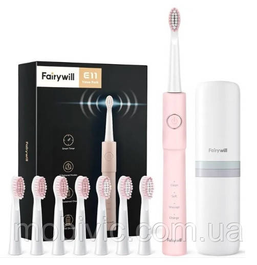 Звукова зубна щітка FairyWill E11 рожева, 8 насадок і футляр — ОРИГИНАЛ!