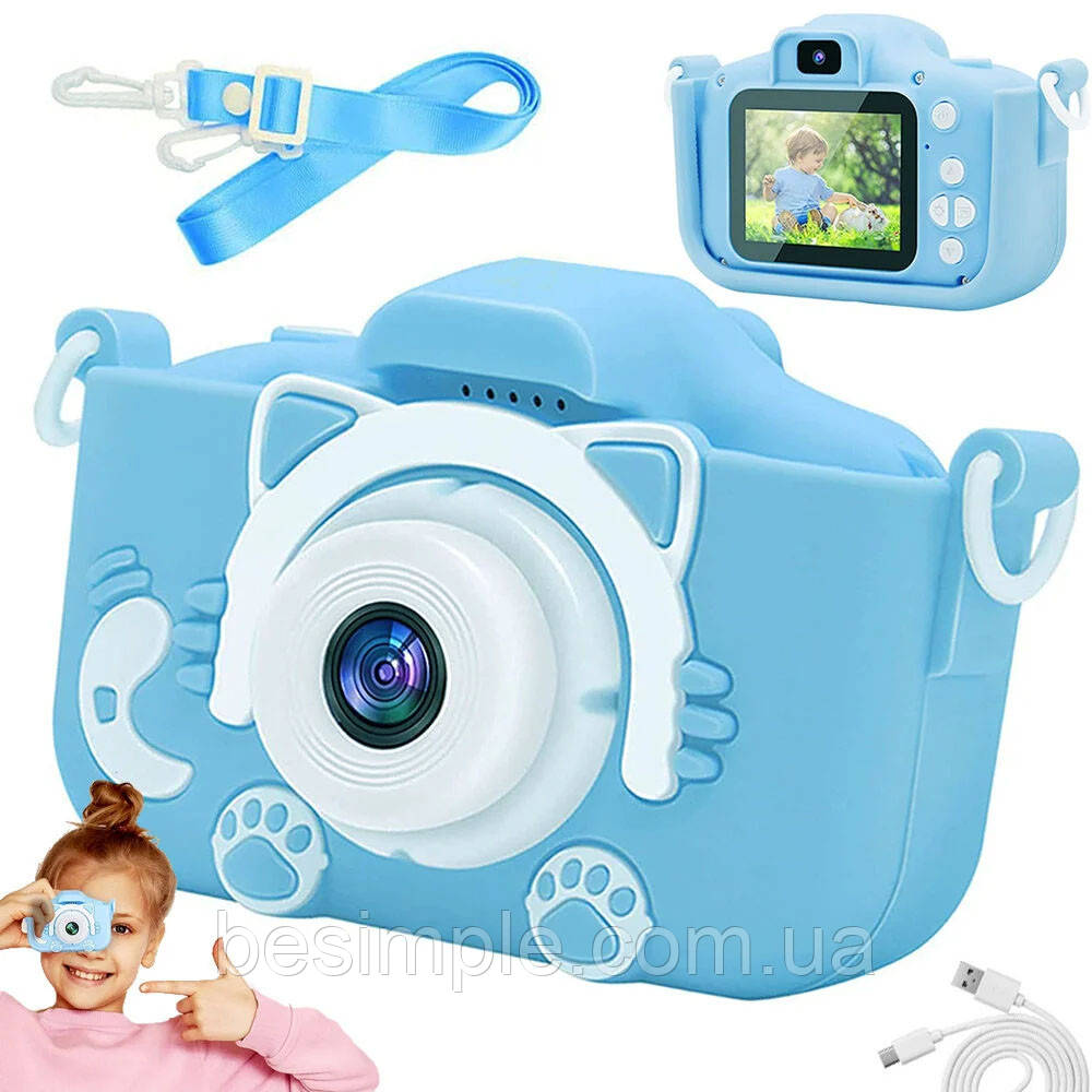 Дитячий цифровий фотоапарат з USB, ET015 Cat, Блакитний / Дитяча фотокамера з чохлом