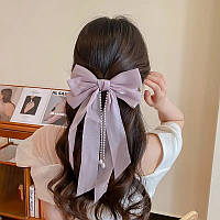 Фиолетовый бант заколка для волос фатиновый с подвесками с искусственного жемчуга