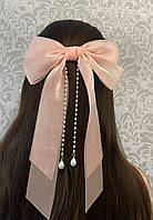 Розовый бант заколка для волос фатиновый с подвесками с искусственного жемчуга