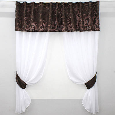 Кухонний комплект, (270х170см.) шторки з ламбрекеном і підхватами. Колір білий з коричневим. Код 084к 52-0617