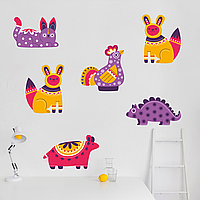 Виниловая интерьерная наклейка цветная декор на стену, обои и другие поверхности "Звери: кот петух зайцы" с