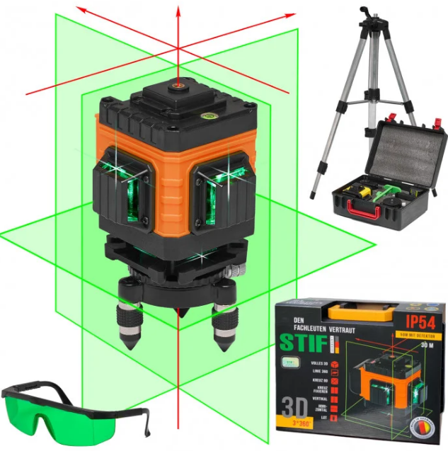 3D Лазерний рівень STIF Germany 2 АКБ  + Штатив та мікроліфт у подарунок, фото 1
