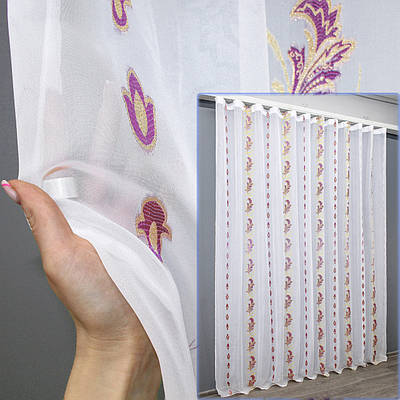 Тюль з креп-шифону. Колір білий з сливовим та золотистим. Код 1373т