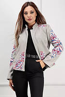Женский вышитый пиджак, жакет серого цвета из кашемировой ткани с оригинальной вышивкой