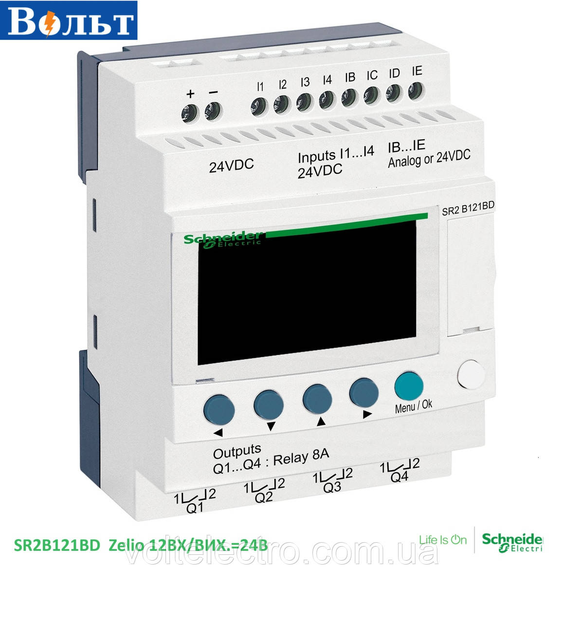 Інтелектуальне логічне програмоване реле Zelio Logic 12 вх/вих, дисплей+годинник, =24В SR2B121BD