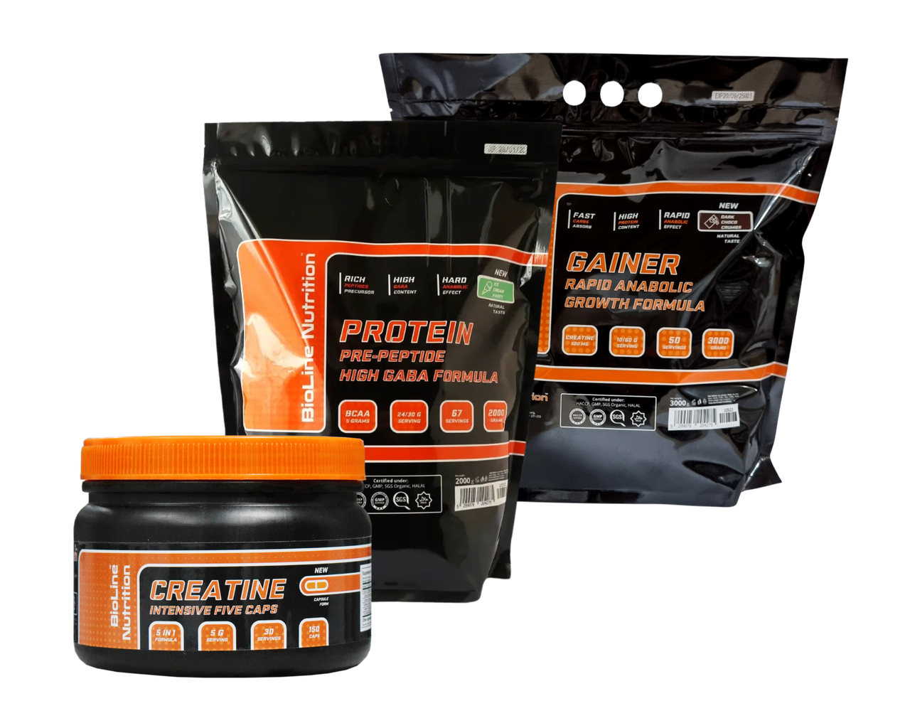 Набір Протеїн 2 кг смак Тірамісу, Гейнер 3 кг смак Тірамісу, Креатин TM Bioline, фото 1