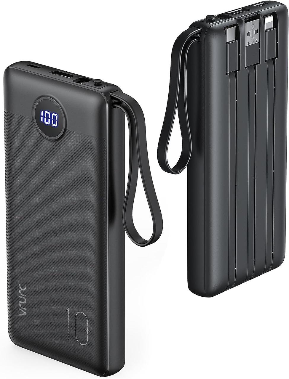 VRURC 10000 mAh Power Bank з вбудованими кабелями, USB C Battery Pack повербанк павербанк, фото 1