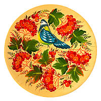 Тарілка декоративна Петриківський розпис ручної роботи з дерева 15 см ПТАХ на КАЛИНІ Український сувенір