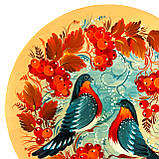 Тарілка декоративна Петриківський розпис ручної роботи з дерева 15 см ПТАХИ і КАЛИНА Український сувенір, фото 2