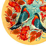 Тарілка декоративна Петриківський розпис ручної роботи з дерева 15 см ПТАХИ і КАЛИНА Український сувенір, фото 3