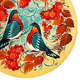 Тарілка декоративна Петриківський розпис ручної роботи з дерева 15 см ПТАХИ і КАЛИНА Український сувенір, фото 4