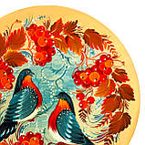 Тарілка декоративна Петриківський розпис ручної роботи з дерева 15 см ПТАХИ і КАЛИНА Український сувенір, фото 5