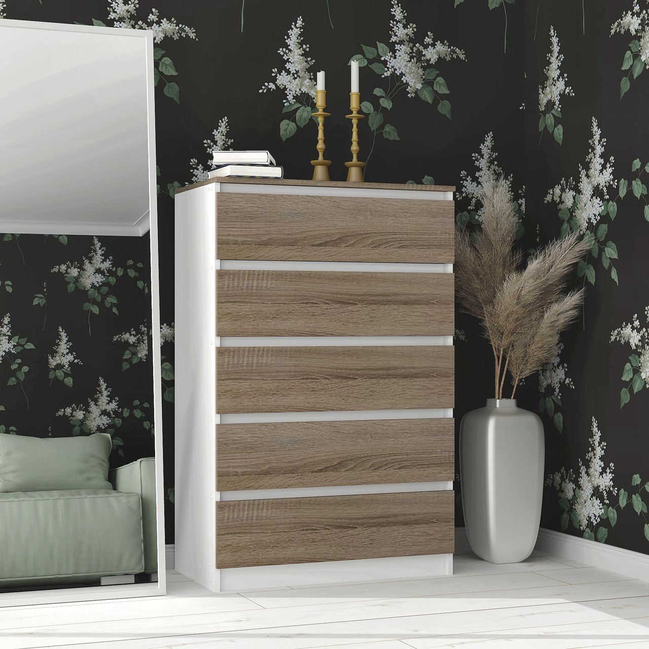 Стильний сучасний високий світлий комод на 5 шухляд 80 см для речей і білизни в спальню, кімнату Fantasy-5, фото 1