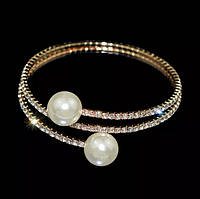 Женский регулируемый браслет двойной с сияющими камнями и двумя жемчужинами цвет золотистый