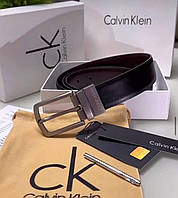 Мужской кожаный двухсторонний ремень Calvin Klein черный брендовый из натуральной кожи в подарочной упаковке