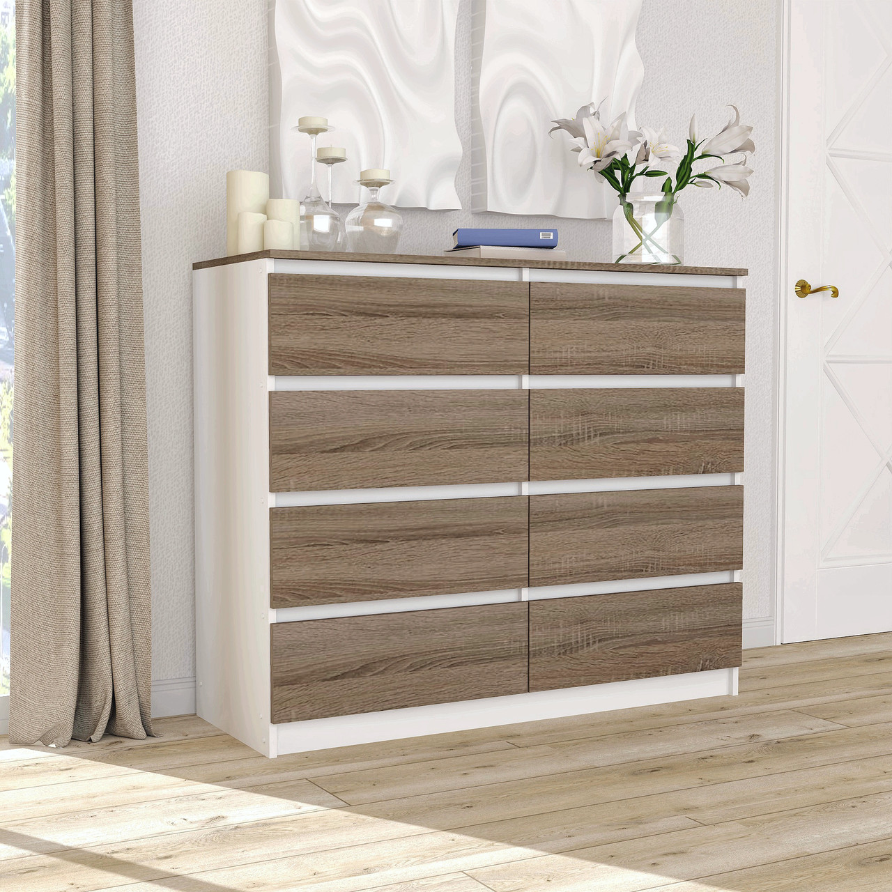 Високий у сучасному стилі комод на 8 шухляд 120 см без ручок у спальню, кімнату для речей і білизни Fantasy-8, фото 1