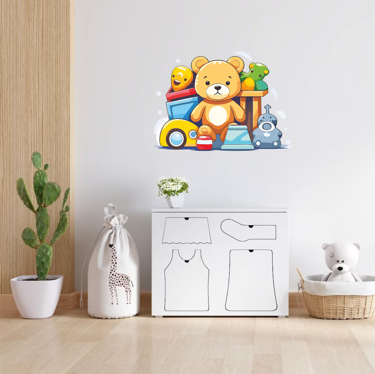 Вінілова інтер'єрна наклейка кольорова декор на стіну, шпалери та інші поверхні "Іграшки. Ведмедик Машинка" з оракалу