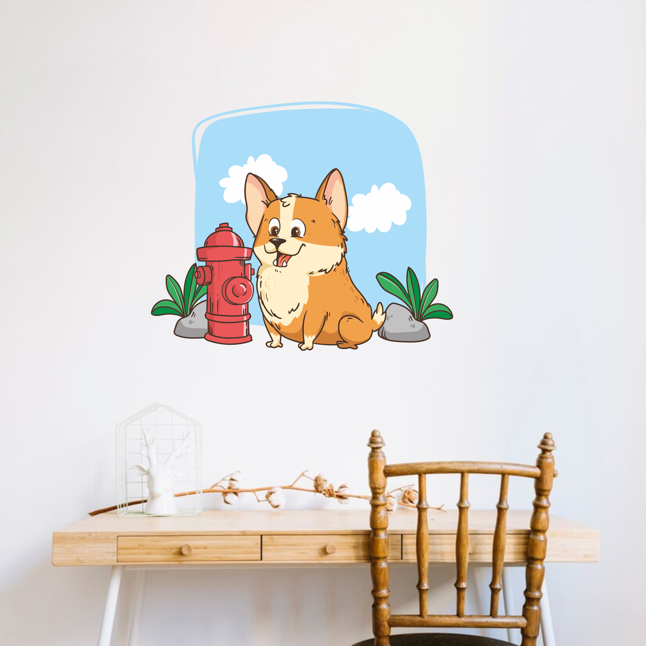 Вінілова інтер'єрна наклейка кольорова декор на стіну, шпалери та інші поверхні "Корги на фоні неба" з оракалу