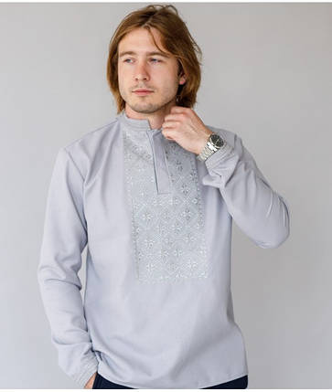Сіра вишиванка чоловіча льон довгий рукав геометрична вишивка casual стиль, фото 3