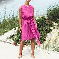 Жіноче плаття з поясом рожеве льон 40 42 44 46 48 50 52 54 56 58 60 розмір