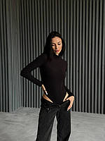 Женское базовое модное однотонное боди с длинным рукавом под горло, в расцветках черный и бежевый