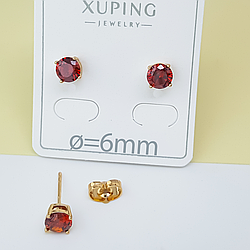 Сережки цвяшки "Червоний Циркон", медичне золото Xuping 6 мм 18К