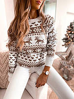 Женский новогодний свитер с оленями белый без горла шерстяной (N)