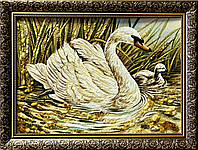 Картина з янтаря Лебеди , Картина з бурштина Лебеді 30*40 см