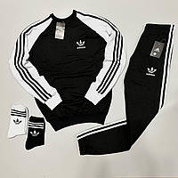 Мужской спортивный костюм Adidas черно-белый без капюшона весенний осенний Адидас Свитшот + Штаны (N)