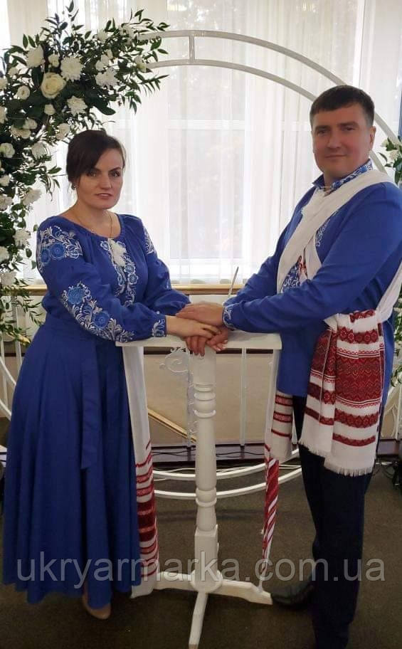 Парна вишитий комплект - довге плаття та сорочка вишиванка "Небесні квіти"
