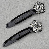 Шпилька тик так для волосся металева чорного кольору квіточок із білими кристалами 2 штуки довжина 7 см