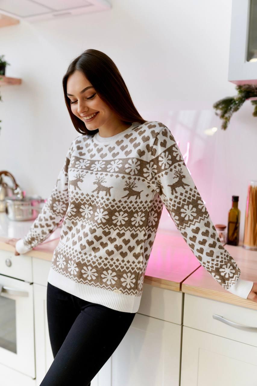 Жіночий новорічний светр з оленями білий теплий без горла Кофта з новорічним принтом вовняна (N)