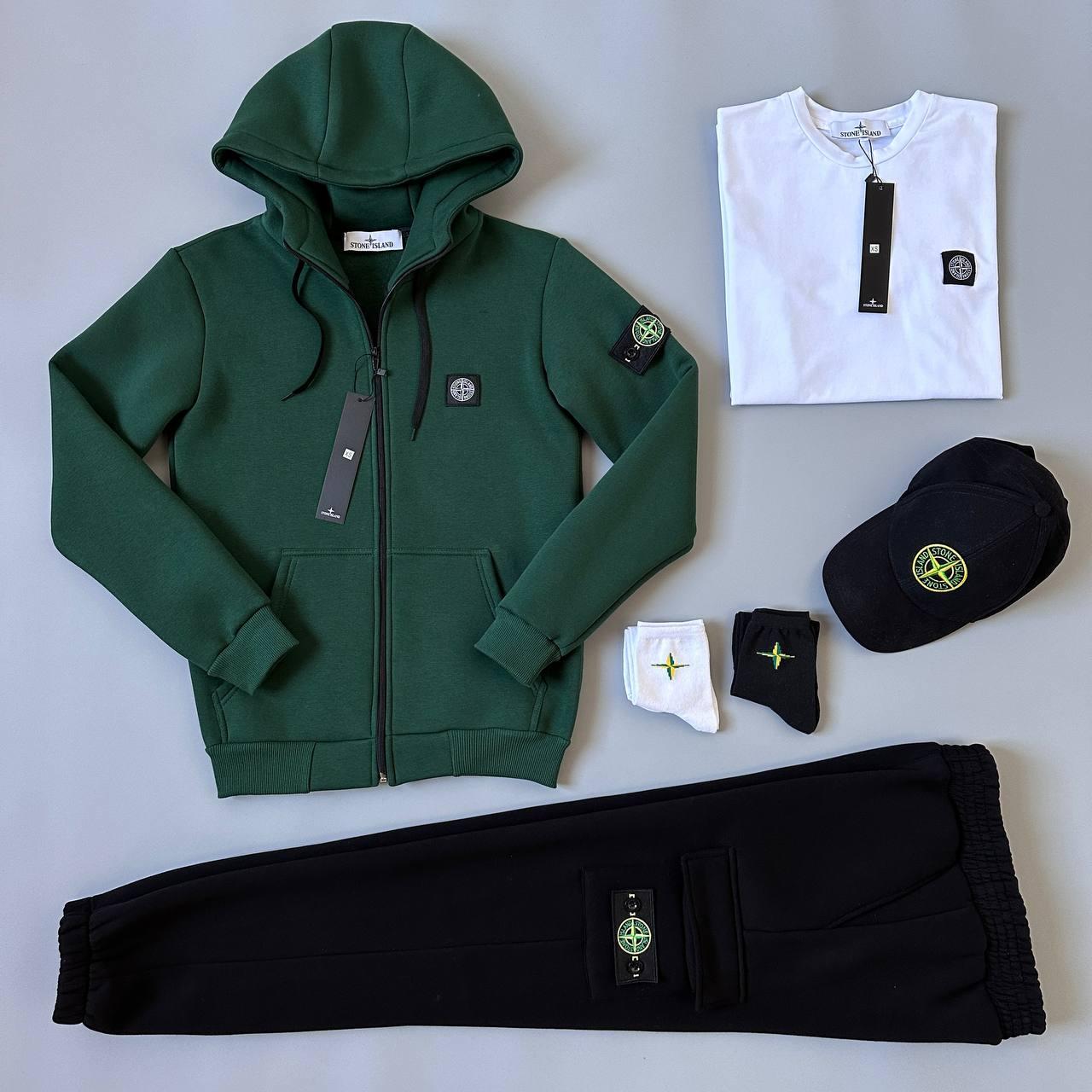 Чоловічий зимовий спортивний костюм Stone Island хакі + Футболка + Кепка + Шкарпетки на флісі теплий (N)