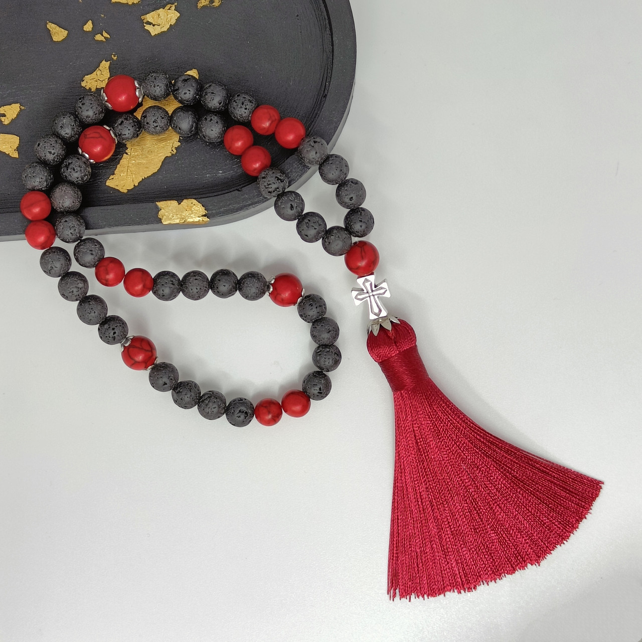 Чітки з каменя говліт і лава вулканічна на 50 намистин, фото 1