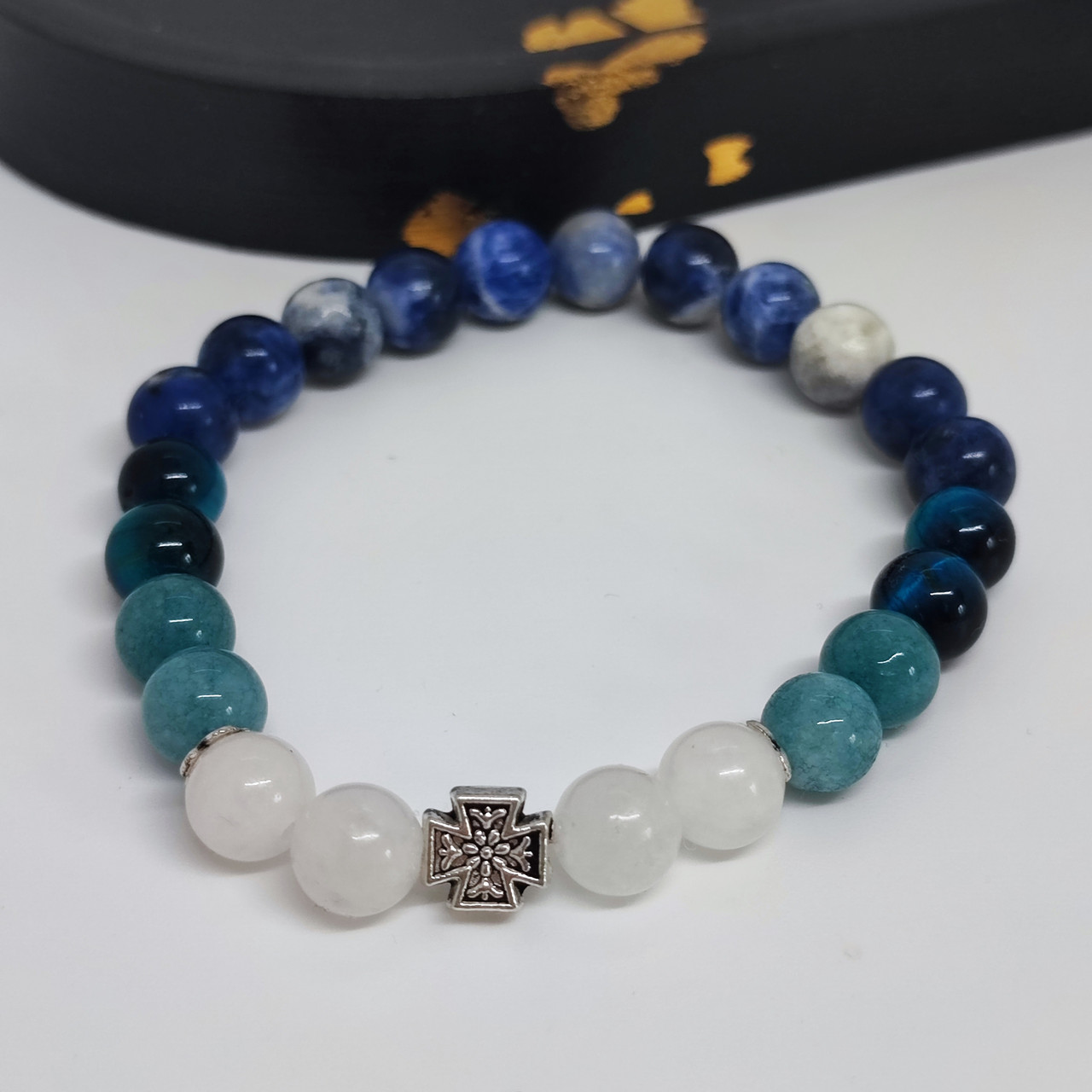 Браслет із каміння содаліт, соколине око, аквамарин, халцедон, фото 1