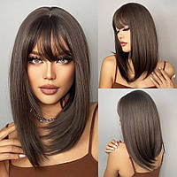 Женский парик с челкой Medium Ombre Brown Light коричневый термостойкие синтетические волосы