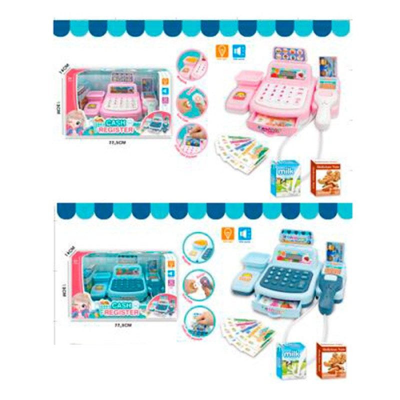 F332-L332-1H Іграшка Касовий апарат сканер, гроші, продукти, 2 кольори, музика, світло, батарейки, коробка