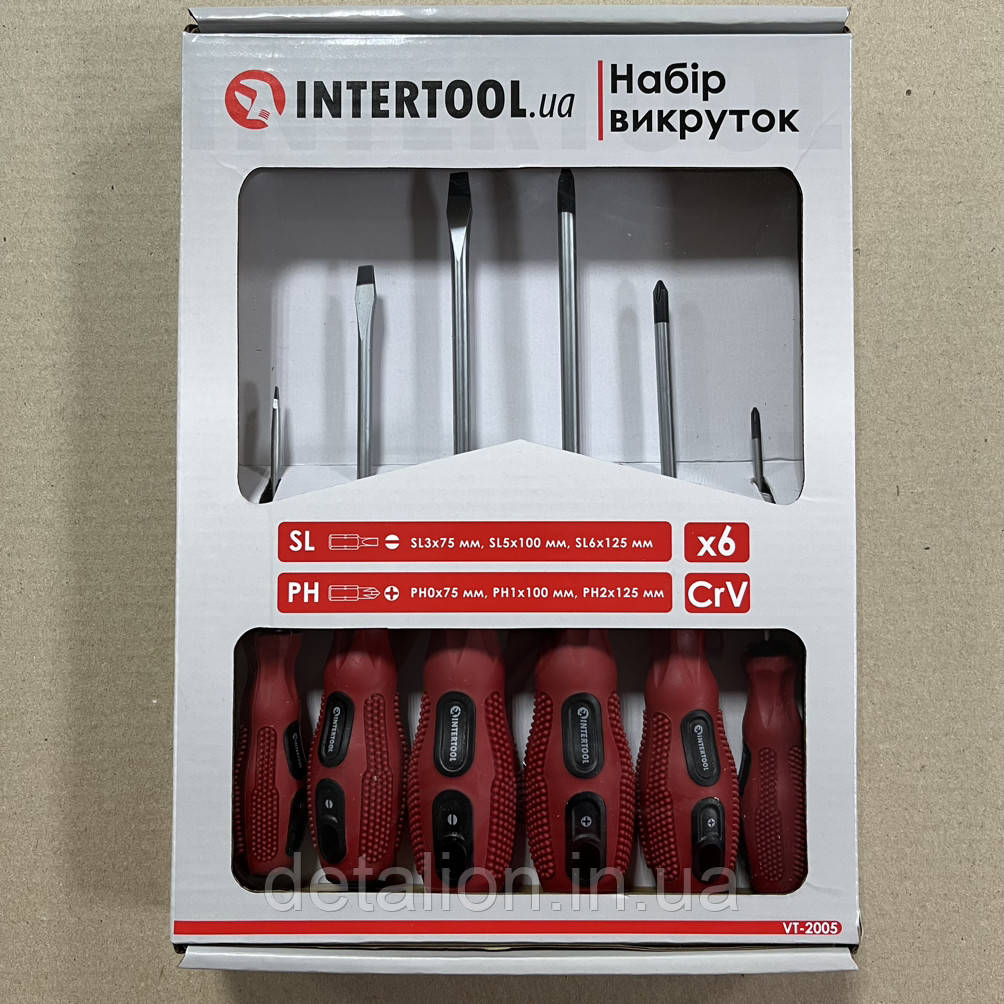 Набір викруток 6 од. (SL3*75, SL5*100, SL6*125, PH0*75, PH1*100, PH2*125) Cr-V, Ergo-design INTERTOOL VT-2005, фото 1