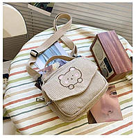 Бежевая вельветовая сумочка через плечо с мишкой. Сумка кошелек, сумочка молодежная. Сумочка для телефона