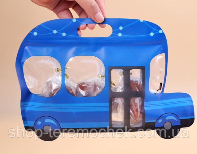 Пакет дитячий фігурний Автобус синій із зіп застібкою для продуктів і частувань харчовий 26х17х4 см, фото 1