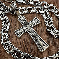 Массивный серебряный мужской комплект православный крест и цепь бисмарк серебро 925 проба