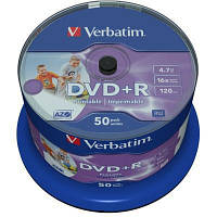 Диски DVD+R Verbatim 4.7Gb 16X CakeBox 50шт Wide inkjet photo Printable (43512) DShop