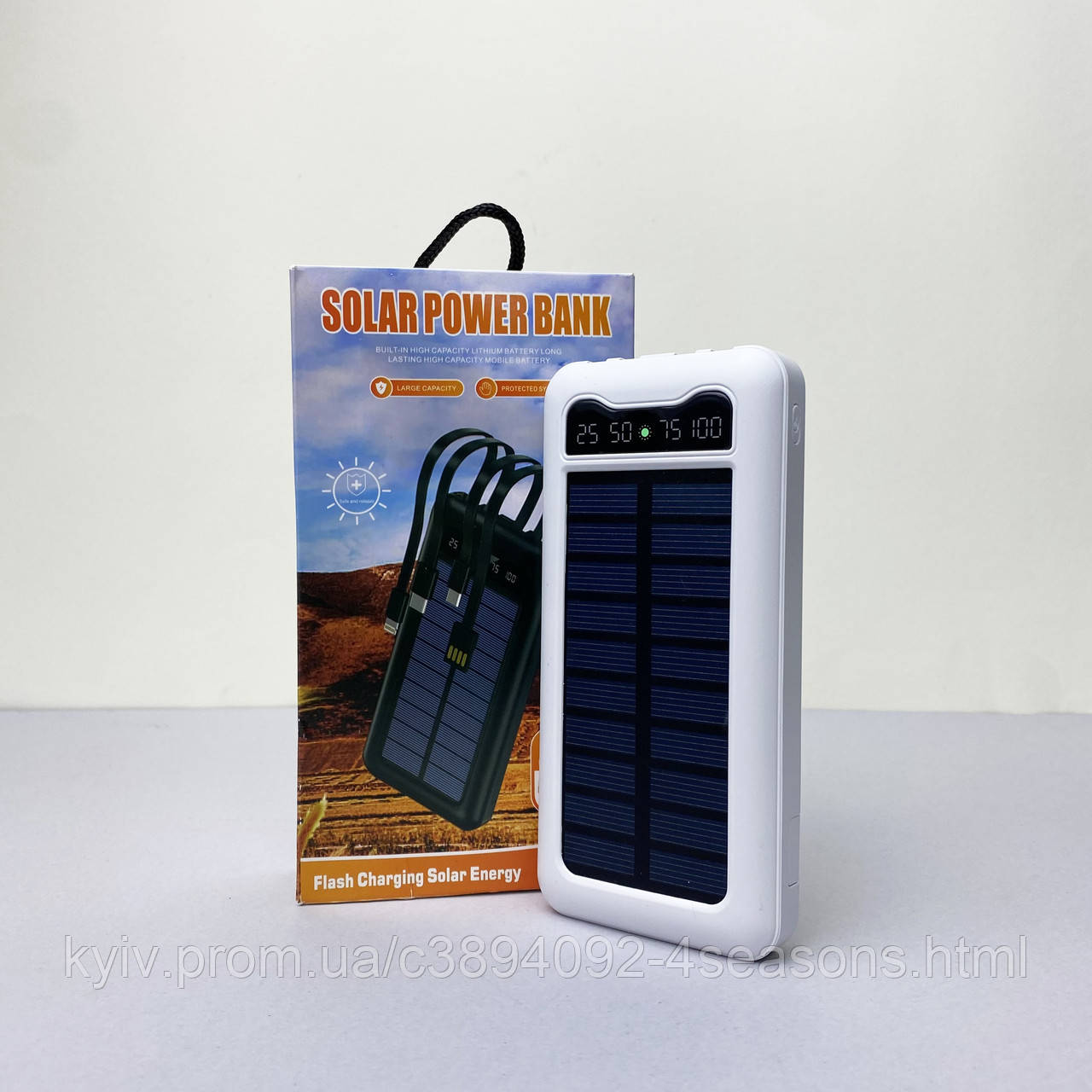 Power Bank Solar з кабелем USB+Micro+Type-C+Lightning (10000mAh) Білий, фото 1