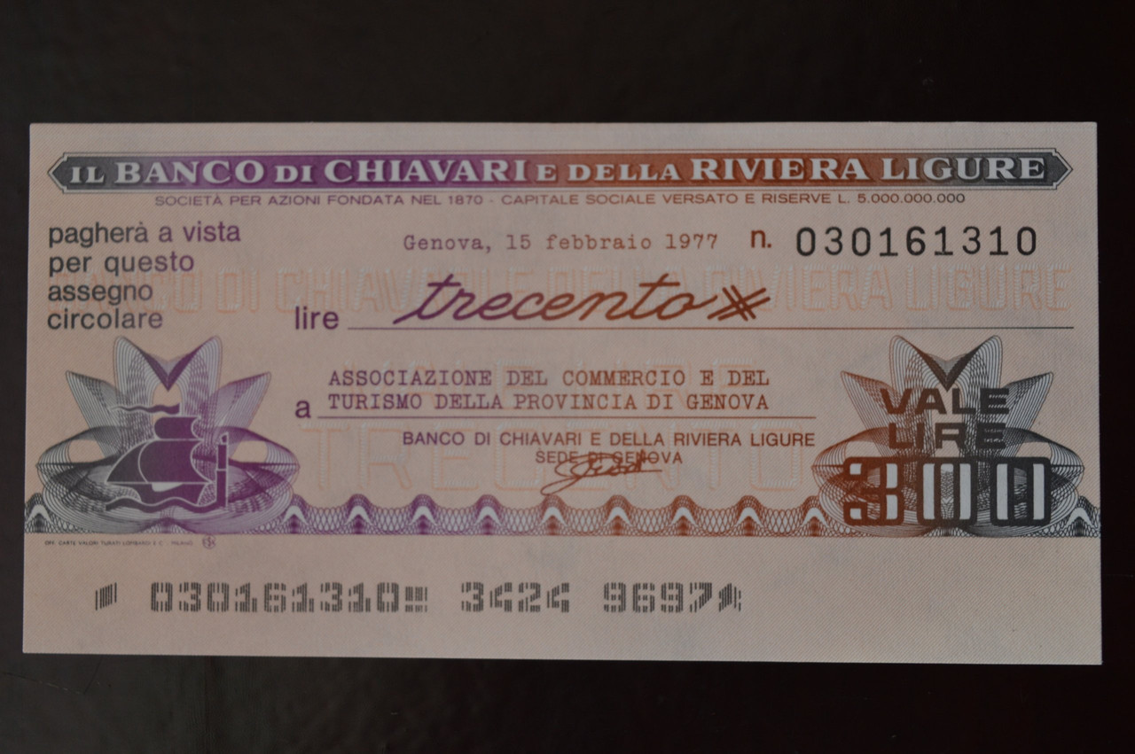 Чек. Італія 300 Лір 1977год (ЧК-1) ЛОТ 29