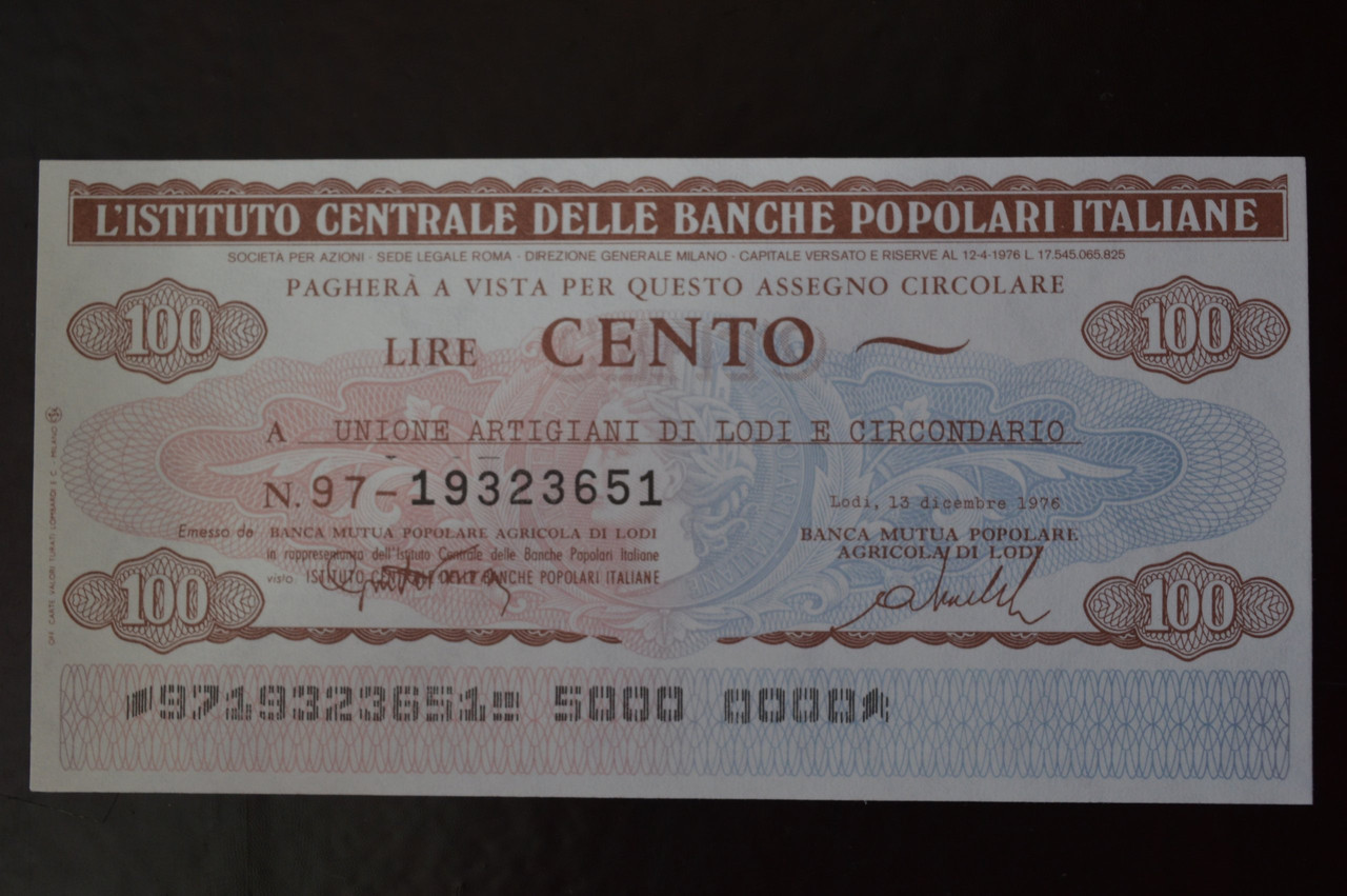 Чек. Італія 100 Лір 1976год (ЧК-1) ЛОТ 14